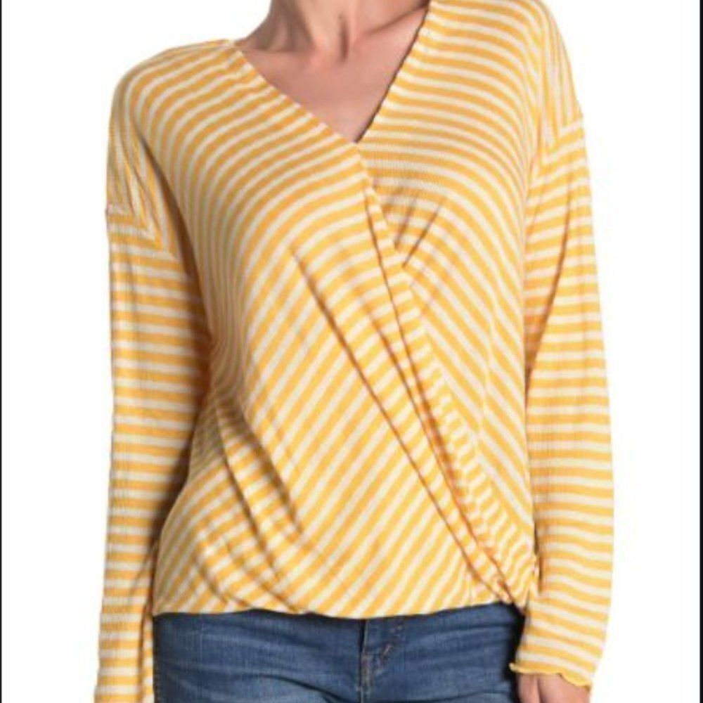 All In Favor Yellow Striped Lettuce Hem Surplice Neck Top NWT Sz S